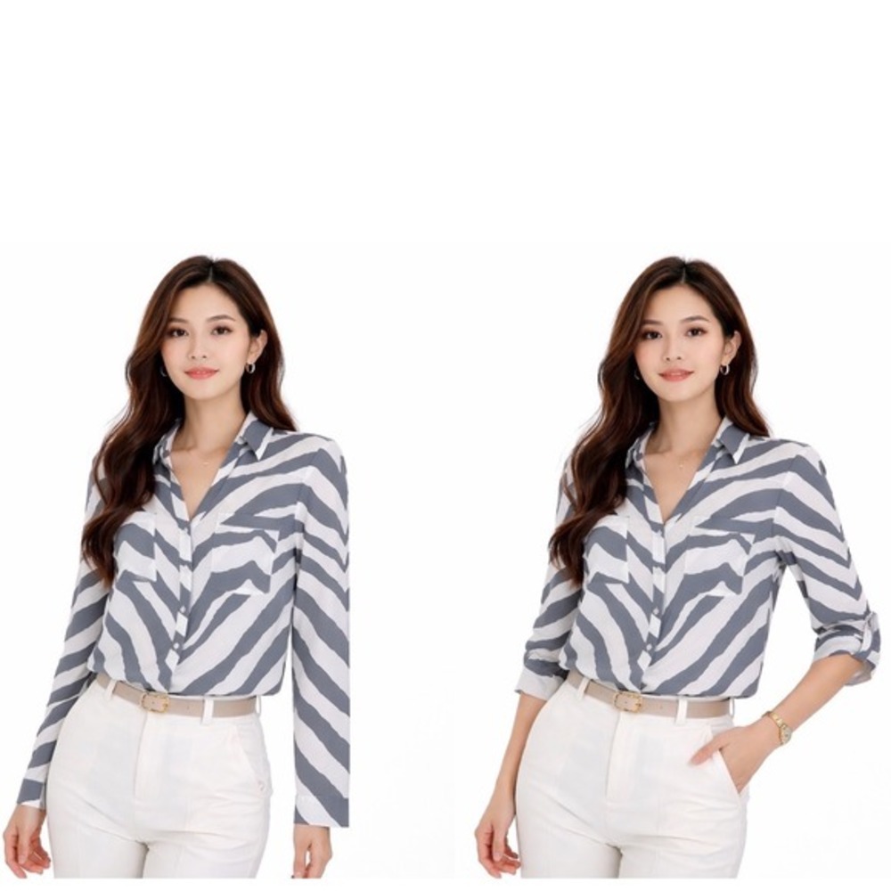Express The Portofino Shirt Grey White Zebra Print Roll Tab Blouse S Chic 48-023